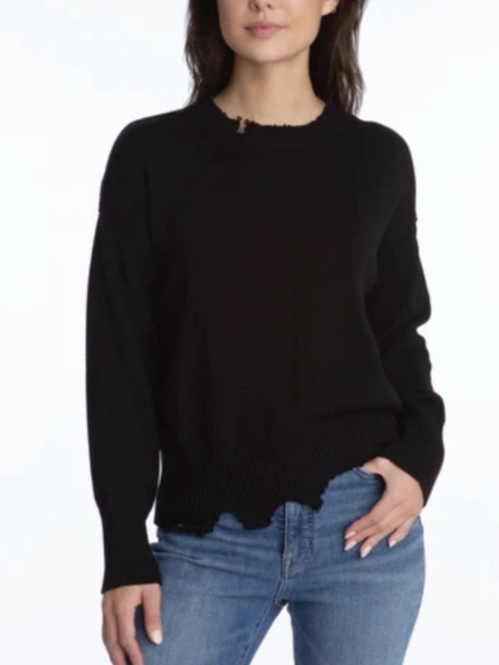 525 America Black Crewneck Sweater with Distressed Hem NWOT
